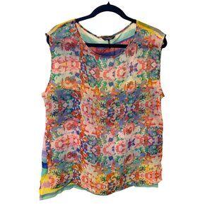 Daisy Fuentes Womens Size XL Mixed Prints Tank Top Shirt Floral Front Striped Ba